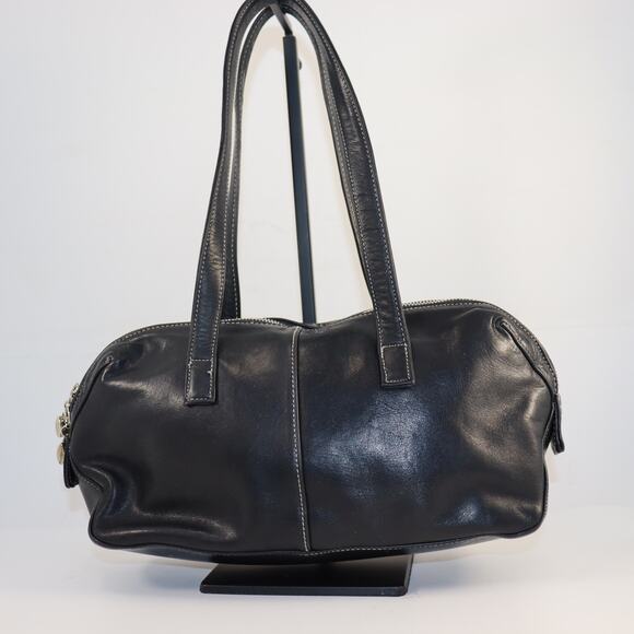 La Bagagerie Black Leather Satchel Tote with Front Pockets - Picture 2 of 7